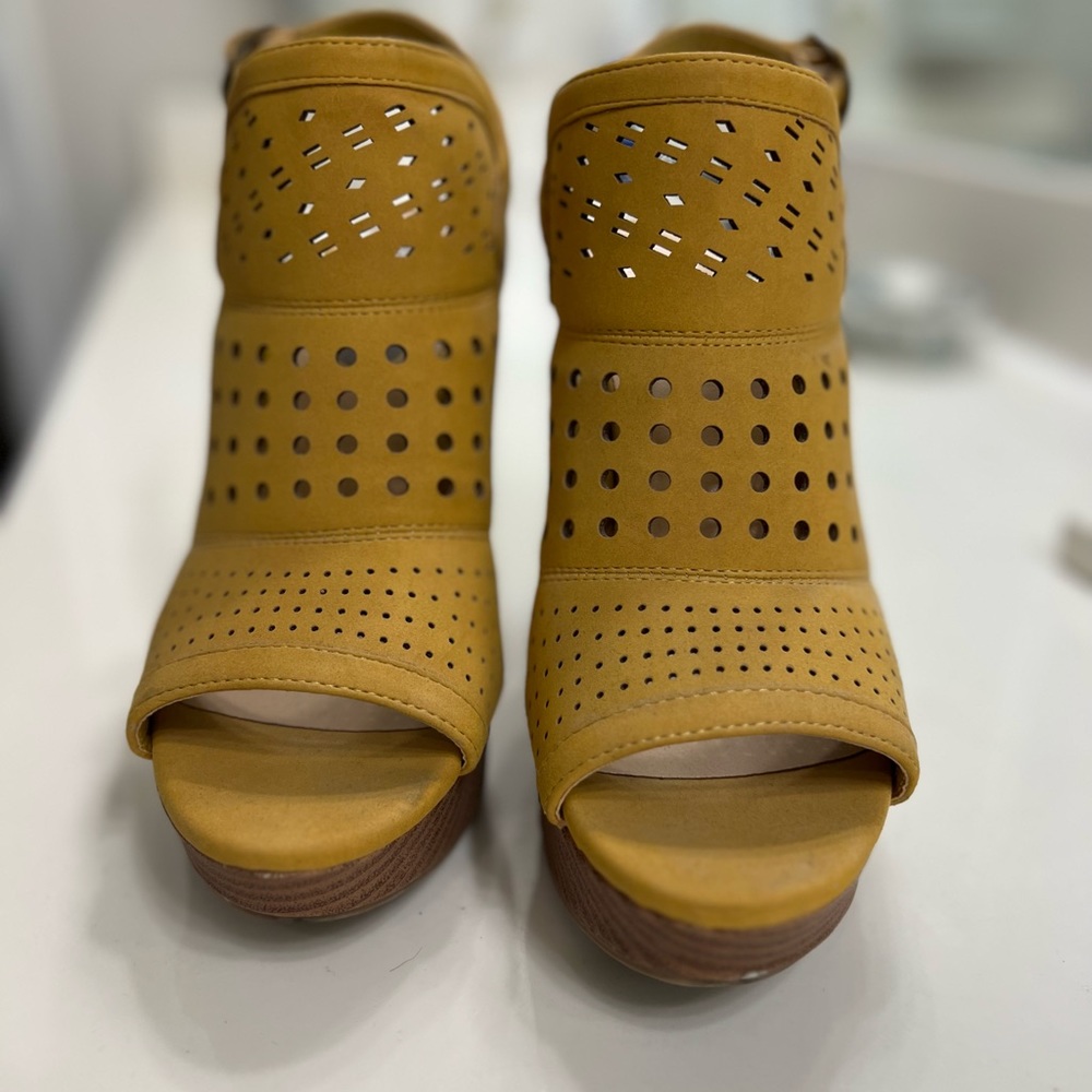 Jasmin Mustard Yellow Open Toe Wedge Heels